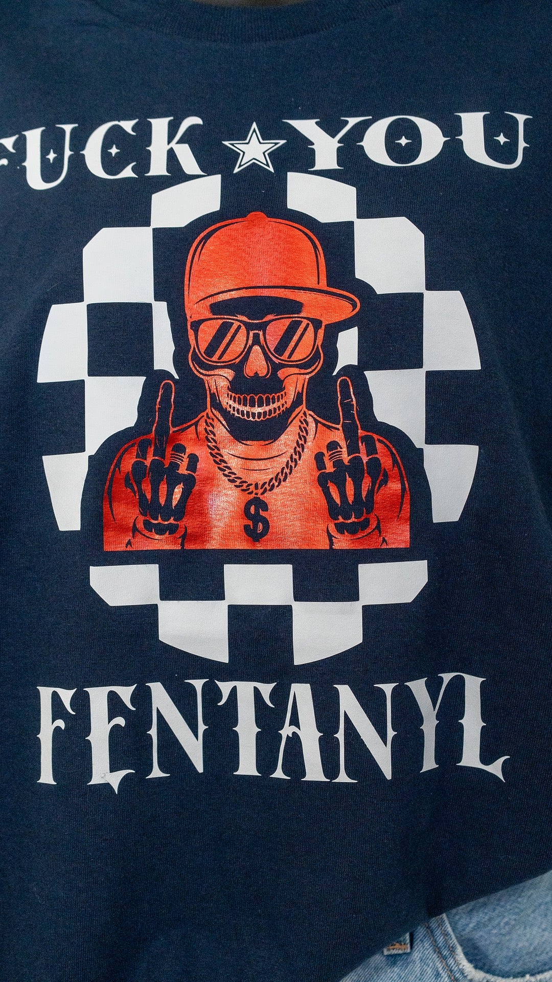 "F* You Fentanyl" Navy Checkered Tee